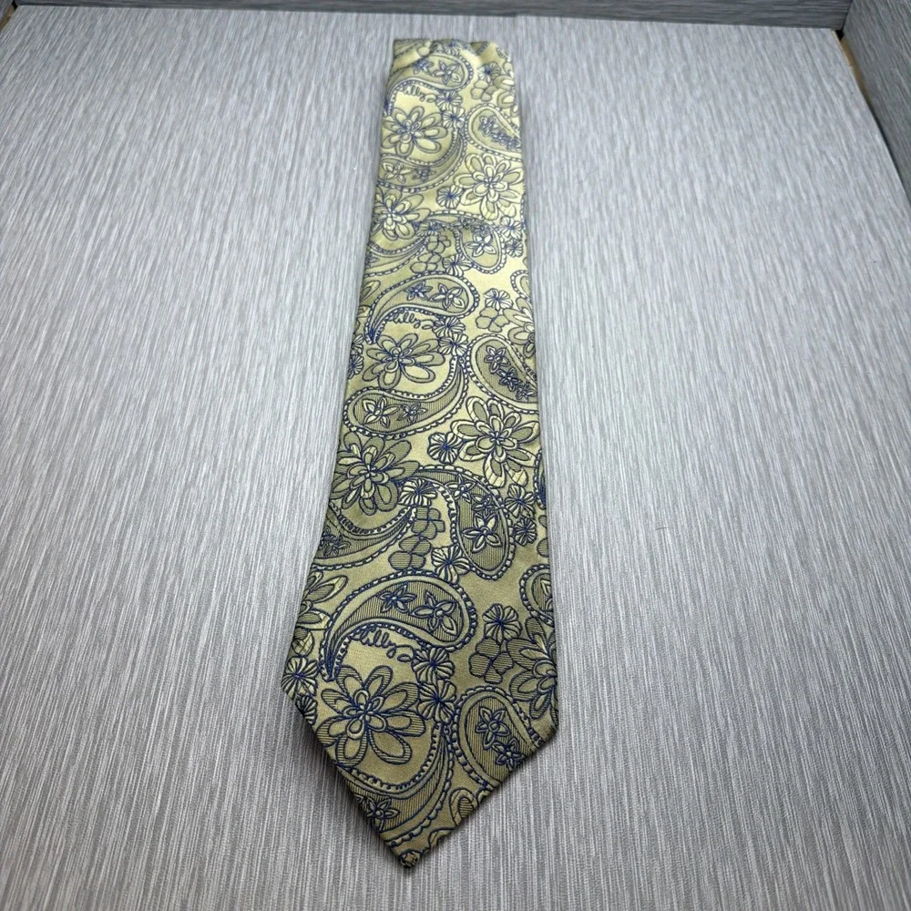 Lilly Pulitzer Mens Tie Gold Navy Blue Paisley Floral Embroidered Preppy